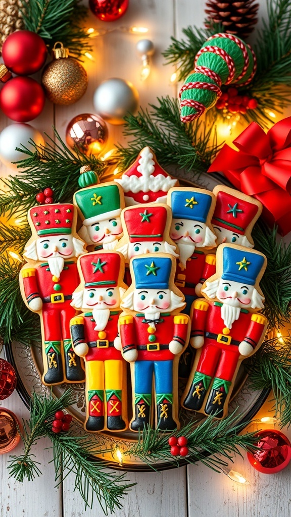 Decorated nutcracker cookies on a festive platter with holiday decorations.